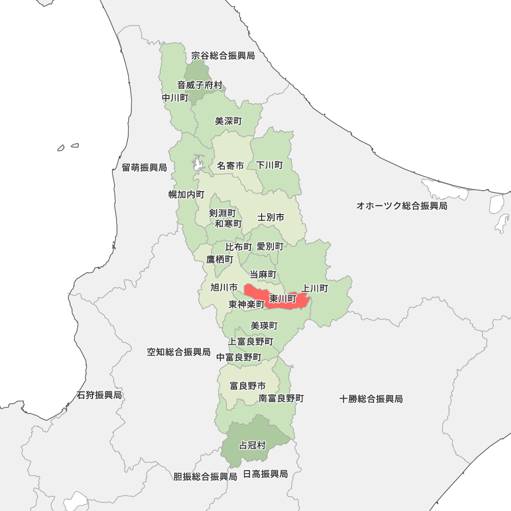 北海道の地図（東川町のアップ）