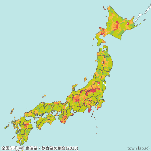 全国(市町村) 宿泊業・飲食業の割合